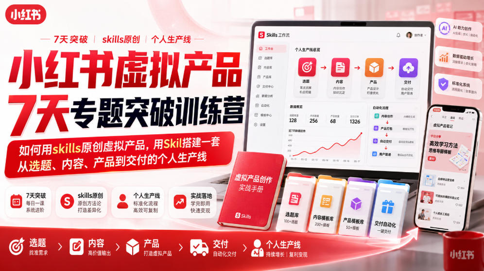 小红书虚拟产品7天专题突破训练营，如何用skills原创虚拟产品，用Skil搭建一套从选题、内容、产品到交付的个人生产线 - 52网创-52网创