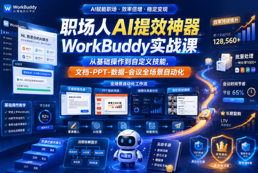 职场人AI提效神器WorkBuddy实战课，从基础操作到自定义技能，文档-PPT-数据-会议全场景自动化 - 52网创-52网创