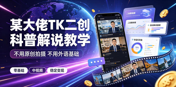 某大佬TK二创科普解说教学，不用原创拍摄不用外语基础，零基础做TikTok中视频稳定变现 - 52网创-52网创