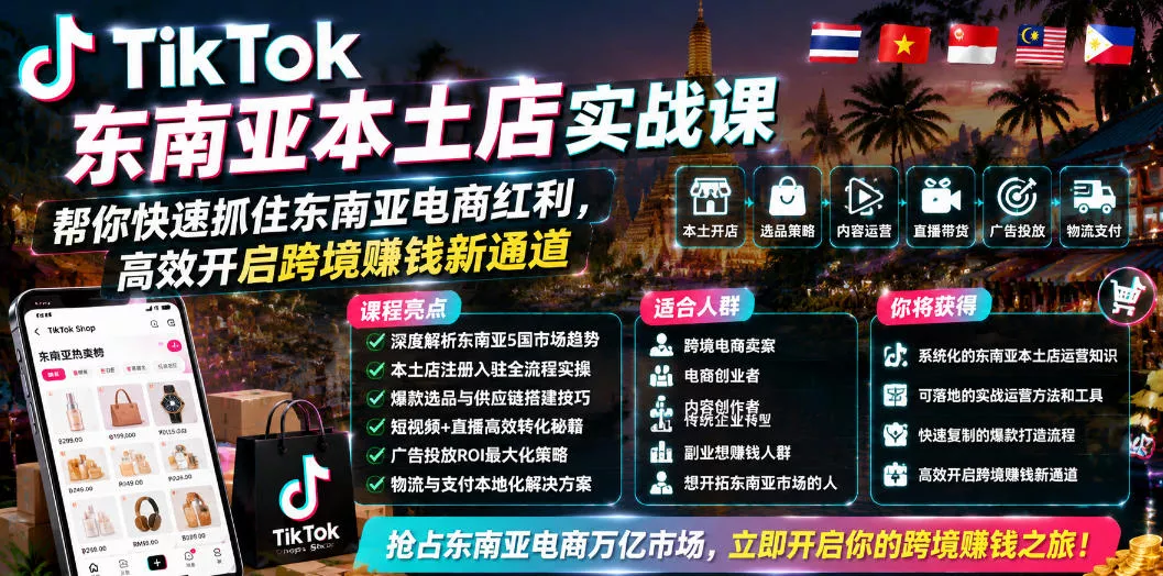 TikTok东南亚本土店实战课，帮你快速抓住东南亚电商红利，高效开启跨境賺钱新通道-52网创