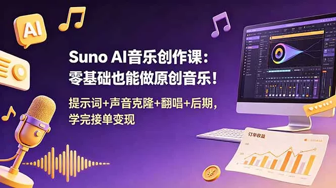 Suno AI音乐创作课：零基础也能做原创音乐！提示词+声音克隆+翻唱+后期，学完接单变现 - 52网创-52网创