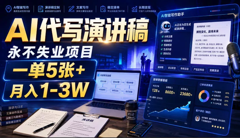 AI代写演讲稿，永不失业项目，一单5张+，月入1-3W【揭秘】-52网创