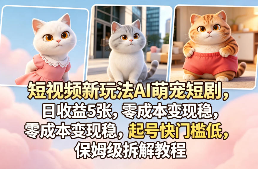 短视频新玩法AI萌宠短剧，日收益5张，零成本变现稳，起号快门槛低，保姆级拆解教程-52网创