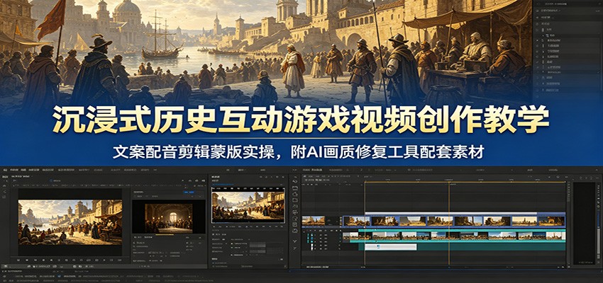 沉浸式历史互动游戏视频创作教学：文案配音剪辑蒙版实操，附AI画质修复工具配套素材-52网创
