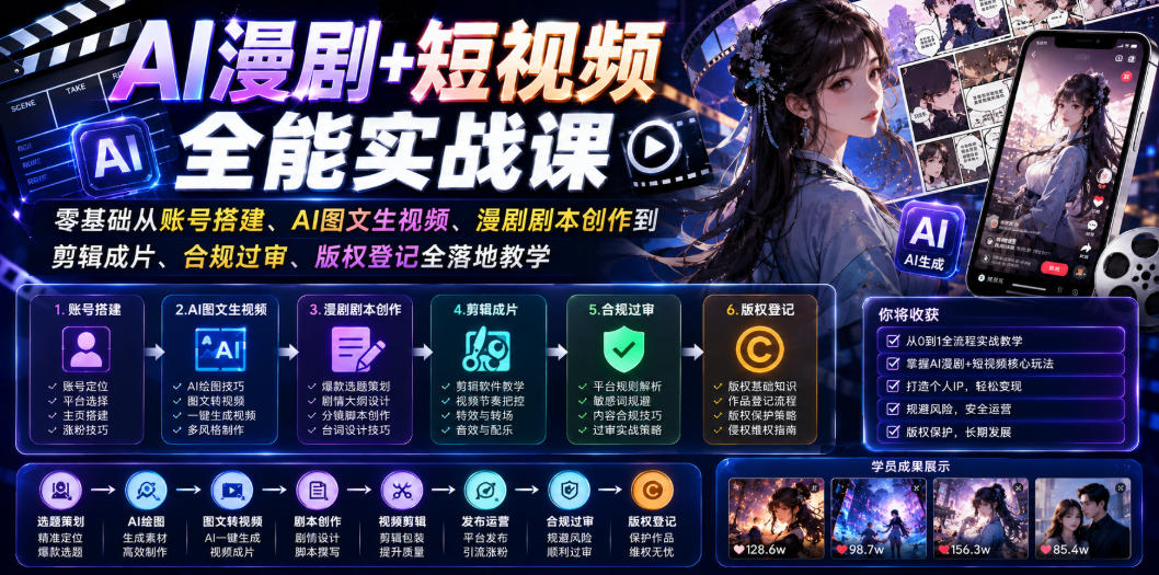AI漫剧+短视频全能实战课｜零基础从账号搭建、AI图文生视频、漫剧剧本创作到剪辑成片、合规过审、版权登记全落地教学-52网创