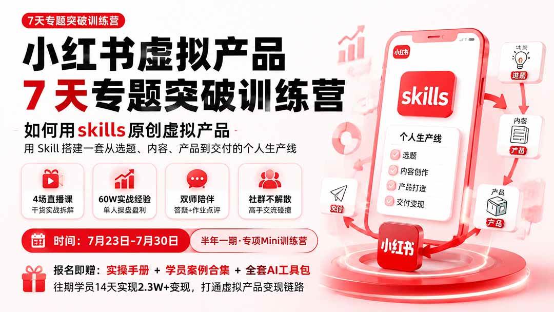 （19817期）小红书虚拟产品7天专题突破训练营，如何用skills原创虚拟产品，用Skil搭建一套从选题、内容、产品到交付的个人生产线 - 52网创-52网创