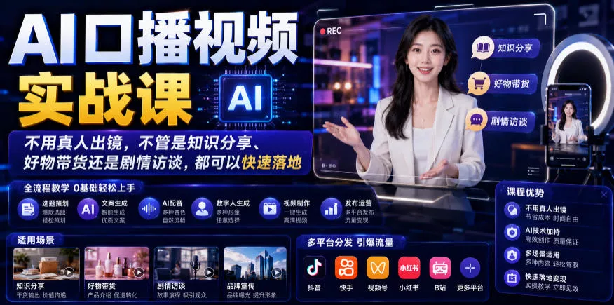 AI口播视频实战课，不用真人出镜，不管是知识分享、好物带货还是剧情访谈，都可以快速落地 - 52网创-52网创