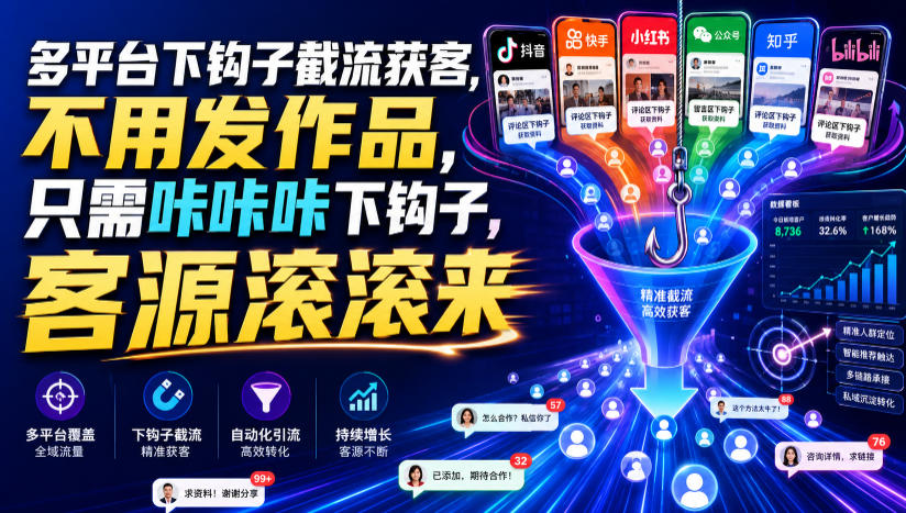 多平台下钩子截流获客，不用发作品，只需咔咔咔下钩子，客源滚滚来 - 52网创-52网创