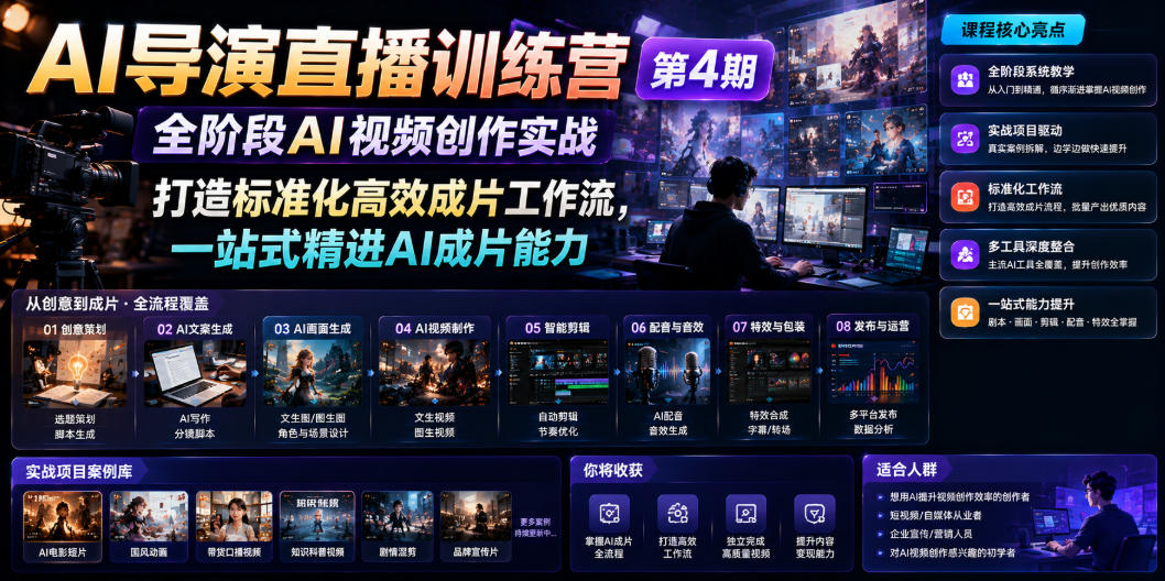 AI导演直播训练营第4期｜全阶段AI视频创作实战，打造标准化高效成片工作流，一站式精进AI成片能力-52网创