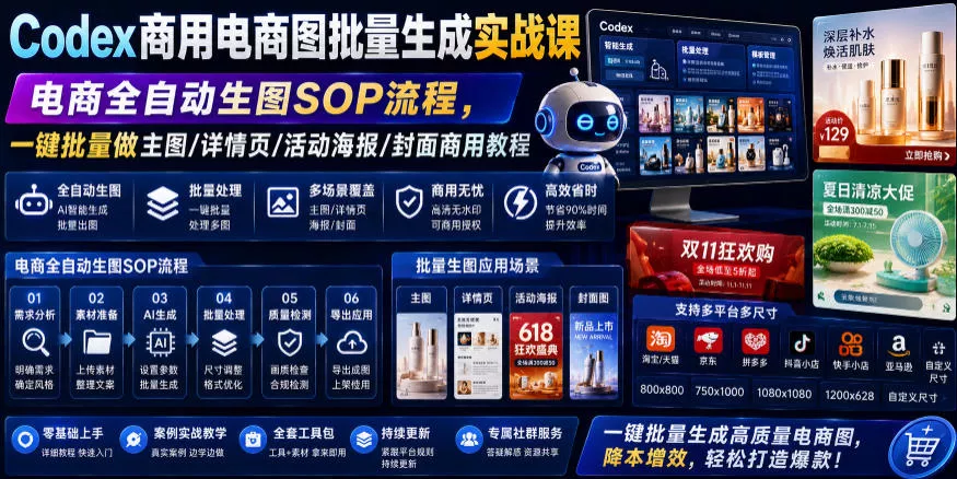 Codex商用电商图批量生成实战课｜电商全自动生图SOP流程，一键批量做主图/详情页/活动海报/封面商用教程 - 52网创-52网创