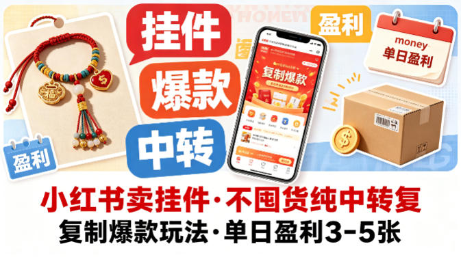 小红书卖挂件，不囤货纯中转复制爆款玩法，单日盈利3-5张-52网创