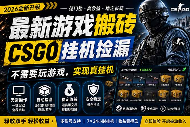 最新游戏搬砖，CSGO纯挂机，不需要玩游戏，实现真挂机，月入1W+，五一小高峰上车可吃肉，… - 52网创-52网创