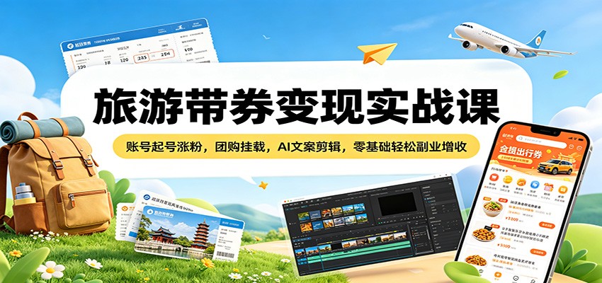 旅游带券变现实战课：账号起号涨粉，团购挂载，AI文案剪辑，零基础轻松副业增收 - 52网创-52网创