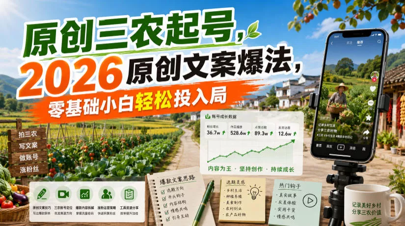 原创三农起号，2026原创文案爆法，零基础小白轻松投入局 - 52网创-52网创