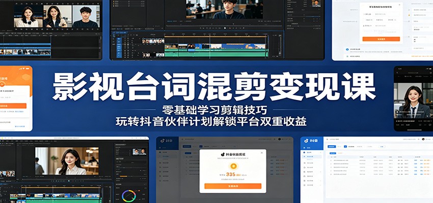 影视台词混剪变现课：零基础学习剪辑技巧，玩转抖音伙伴计划解锁平台双重收益 - 52网创-52网创