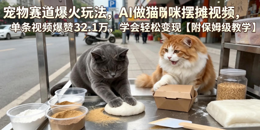 宠物赛道爆火玩法，AI做猫咪摆摊视频，单条视频爆赞32.1万，学会轻松变现【附保姆级教学】-52网创