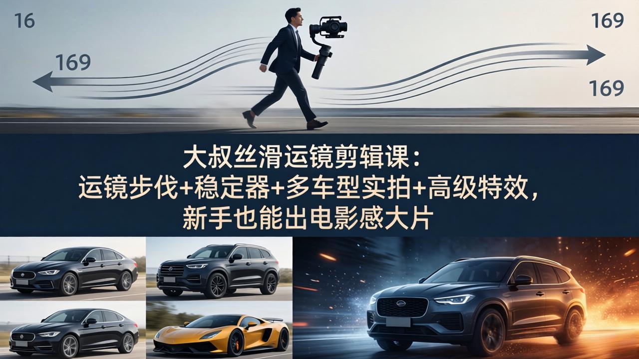 大叔丝滑运镜剪辑课：运镜步伐+稳定器+多车型实拍+高级特效，新手也能出电影感大片-52网创