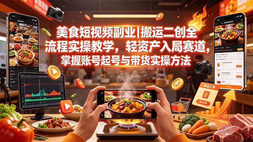 （19535期）美食短视频副业｜搬运二创全流程实操教学，轻资产入局赛道，掌握账号起号与带货实操方法 - 52网创-52网创
