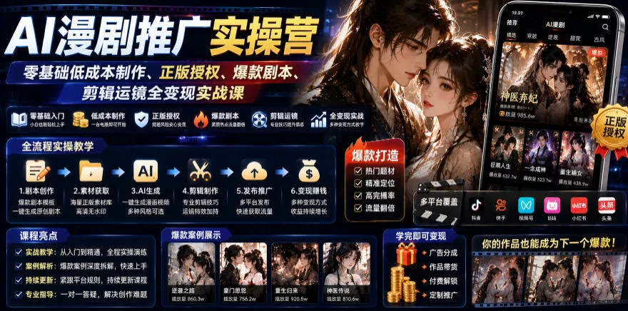 AI漫剧推广实操营｜零基础低成本制作、正版授权、爆款剧本、剪辑运镜全变现实战课 - 52网创-52网创