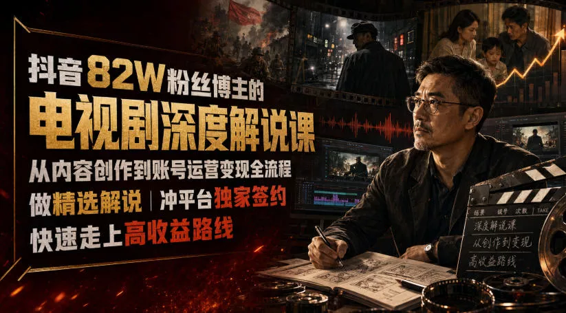 抖音82W粉丝博主的电视剧深度解说课，从内容创作到账号运营变现全流程，做精选解说，冲平台独家签约，快速走上高收益路线 - 52网创-52网创