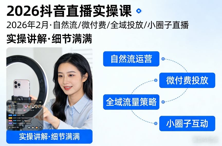 2026抖音直播实操课2026年2月，自然流、微付费、全域投放、小圈子直播，实操讲解，细节满满-52网创