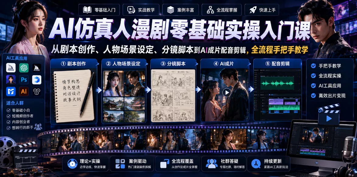 AI仿真人漫剧零基础实操入门课，从剧本创作、人物场景设定、分镜脚本到AI成片配音剪辑，全流程手把手教学 - 52网创-52网创