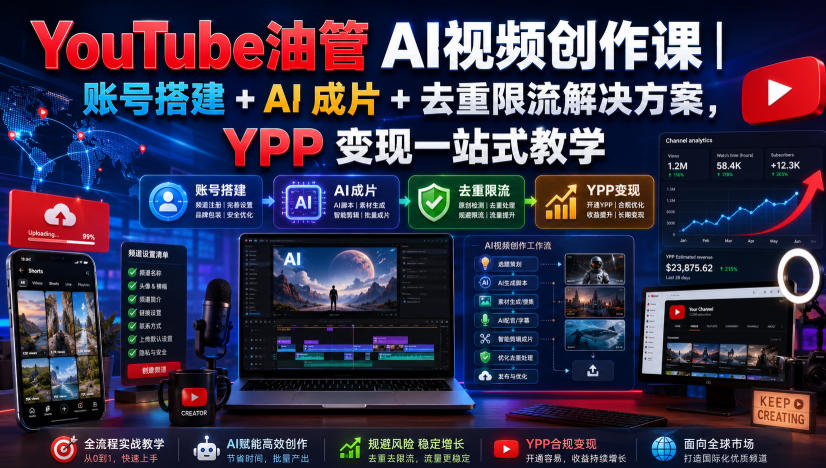 YouTube油管AI视频创作课｜账号搭建+AI成片+去重限流解决方案，YPP变现一站式教学-52网创