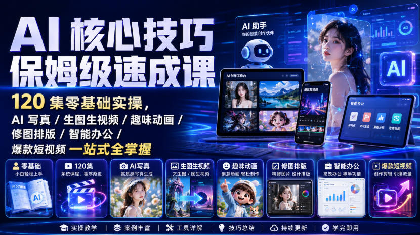 AI核心技巧保姆级速成课｜120集零基础实操，AI写真/生图生视频/趣味动画/修图排版/智能办公/爆款短视频一站式全掌握-52网创