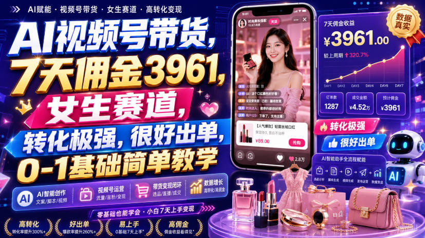 AI视频号带货，7天佣金3961，女生赛道，转化极强，很好出单，0-1基础简单教学 - 52网创-52网创