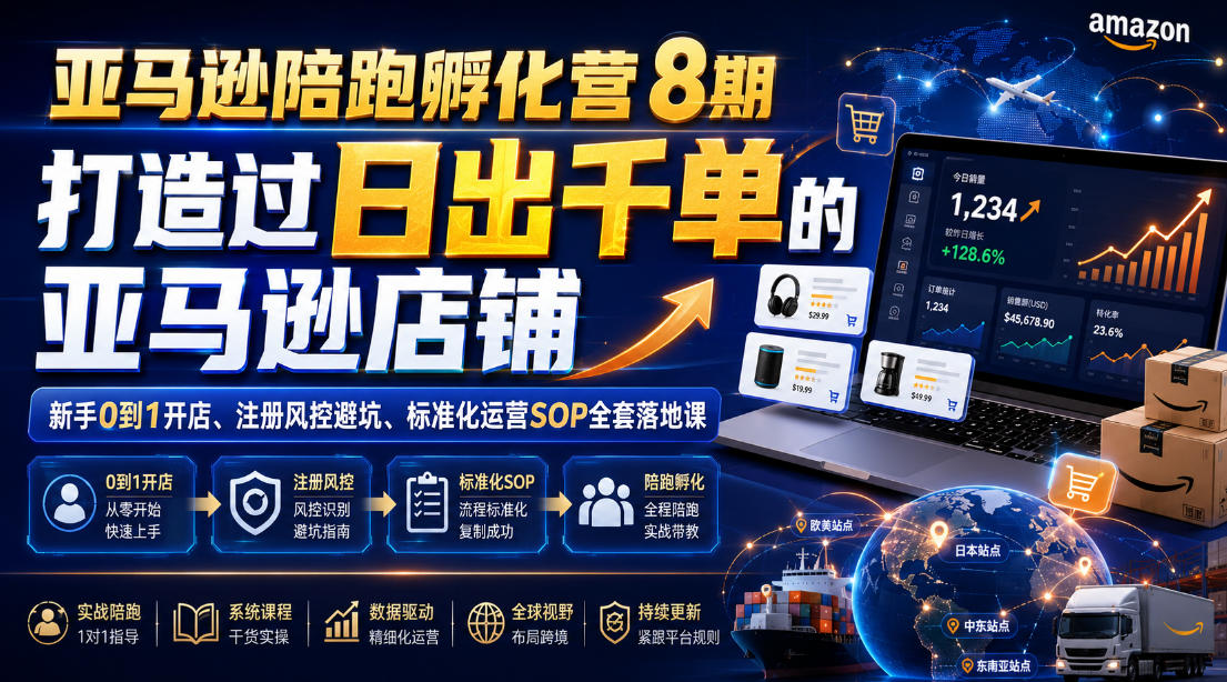 亚马逊陪跑孵化营8期，打造过日出千单的亚马逊店铺，新手0到1开店、注册风控避坑、标准化运营SOP全套落地课 - 52网创-52网创