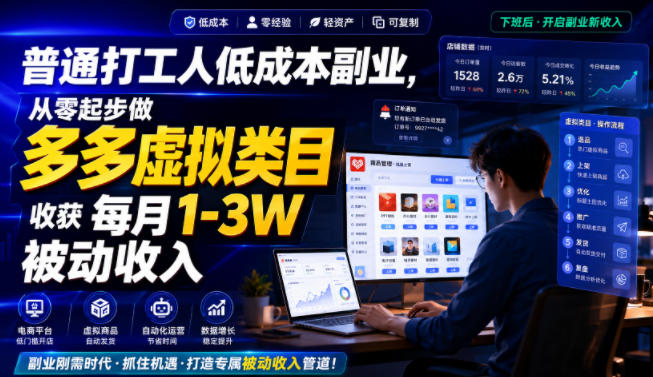 普通打工人低成本副业，从零起步做多多虚拟类目，收获每月1-3W被动收入【揭秘】 - 52网创-52网创