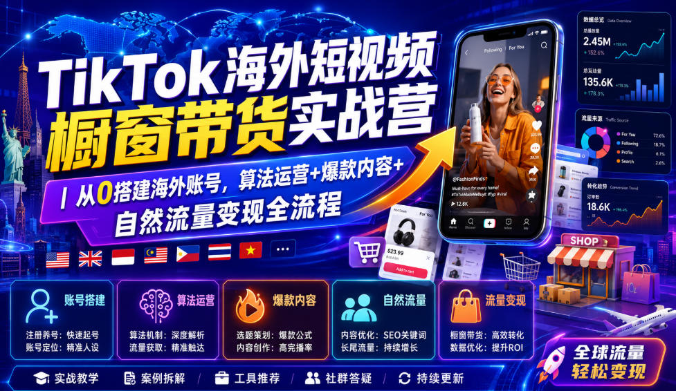 TikTok海外短视频橱窗带货实战营｜从0搭建海外账号，算法运营+爆款内容+自然流量变现全流程 - 52网创-52网创