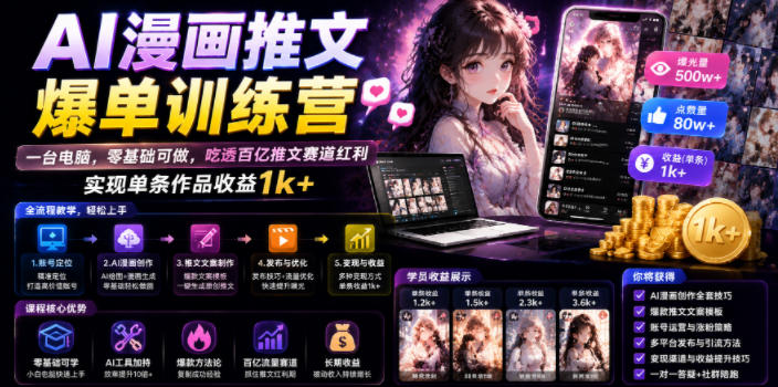 AI漫画推文爆单训练营，一台电脑，零基础可做，吃透百亿推文赛道红利，实现单条作品收益1k+（更新0705）-52网创