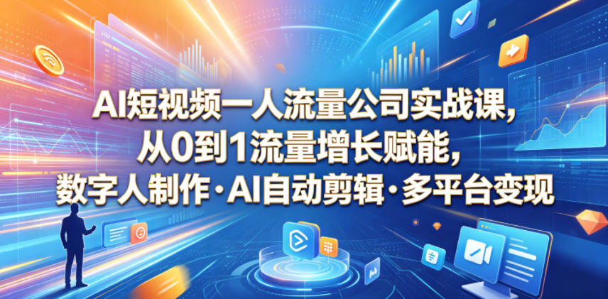 AI短视频一人流量公司实战课，从0到1流量增长赋能，数字人制作・AI自动剪辑・多平台变现，一人做流量生意全落地教程 - 52网创-52网创