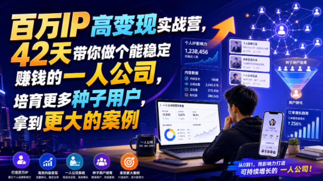 百万IP高变现实战营，42天带你做个能稳定賺钱的一人公司，培育更多种子用户，拿到更大的案例 - 52网创-52网创