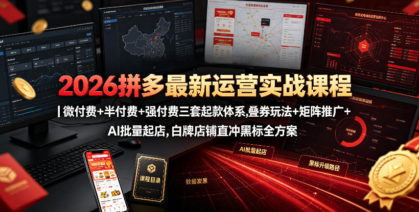 2026拼多多最新运营实战课程｜微付费+半付费+强付费三套起款体系，叠券玩法+矩阵推广+AI批量起店，白牌店铺直冲黑标全方案 - 52网创-52网创