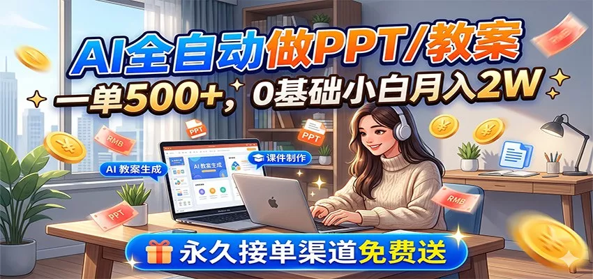 AI全自动做PPT/教案，一单500+，0基础小白月入2W，永久接单渠道免费送-52网创