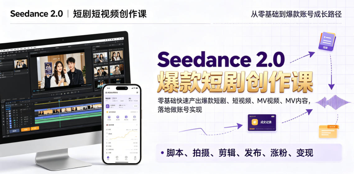Seedance 2.0短剧短视频创作课，零基础快速产出爆款短剧、短视频、MV内容，落地做账号实现变现-52网创