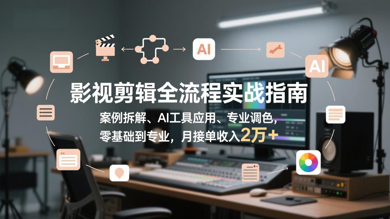 影视剪辑全流程实战指南，案例拆解、AI工具应用、专业调色，零基础到专业，月接单收入2万+-52网创