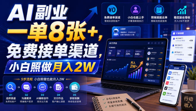 AI副业一单8张+，免费接单渠道，小白照做月入2W【揭秘】 - 52网创-52网创