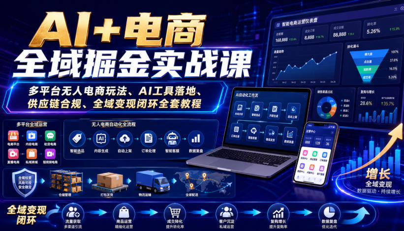 AI+电商全域掘金实战课｜多平台无人电商玩法、AI工具落地、供应链合规、全域变现闭环全套教程 - 52网创-52网创
