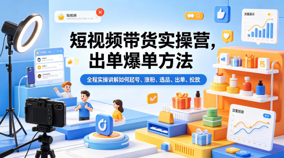短视频带货实操营，出单爆单方法，全程实操讲解如何起号、涨粉、选品、出单、投放-52网创