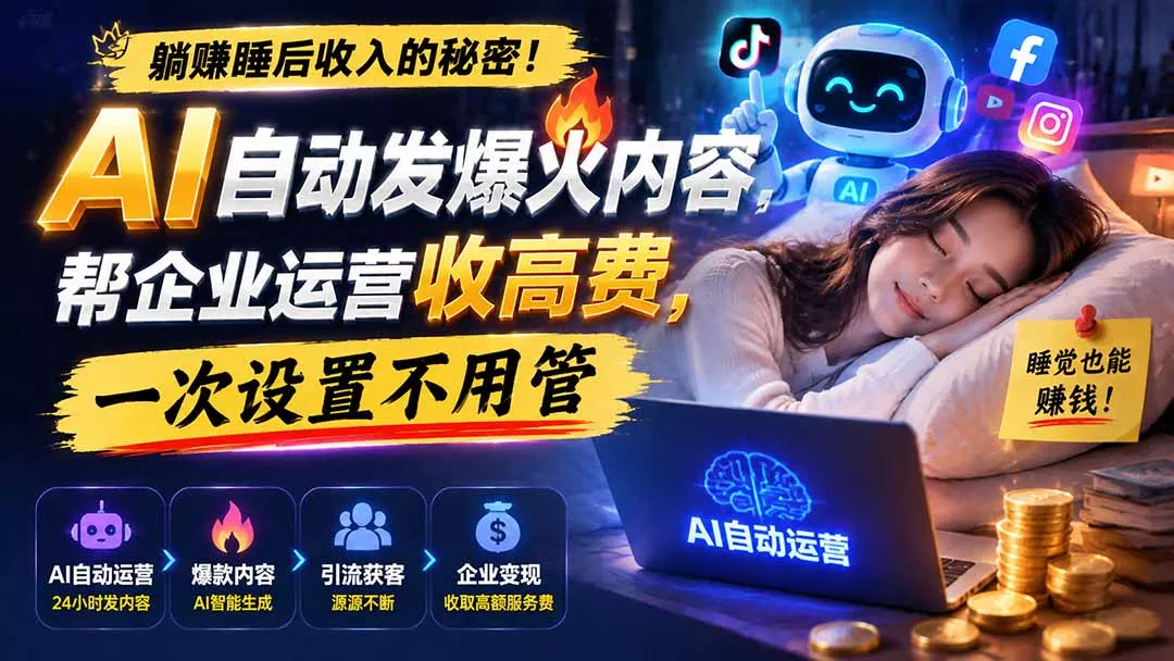 躺赚睡后收入的秘密！AI 自动发爆火内容，帮企业运营收高费，一次设置不用管【原创双语字幕】 - 52网创-52网创