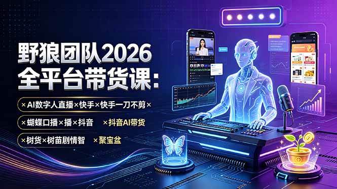 （19511期）野狼团队2026全平台带货课-7月：AI数字人直播×快手一刀不剪×蝴蝶口播×抖音AI带货×树苗剧情智剪×聚宝盆-52网创
