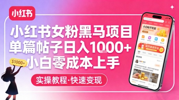 小红书女粉黑马项目，单篇帖子日入1k+，小白零成本上手 - 52网创-52网创