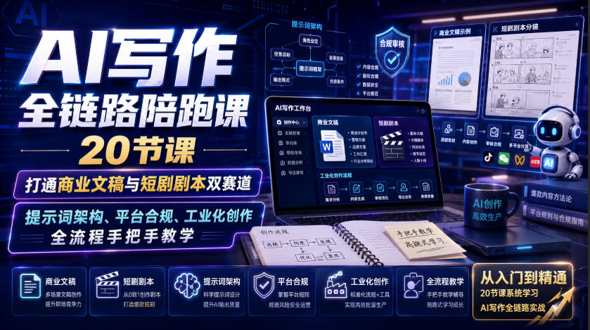 AI写作全链路陪跑课｜20节课打通商业文稿与短剧剧本双赛道，提示词架构、平台合规、工业化创作全流程手把手教学-52网创