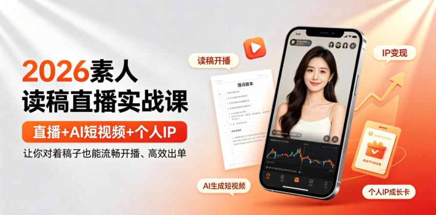 2026素人读稿直播实战课｜直播+AI短视频+个人IP，让你对着稿子也能流畅开播、高效出单 - 52网创-52网创