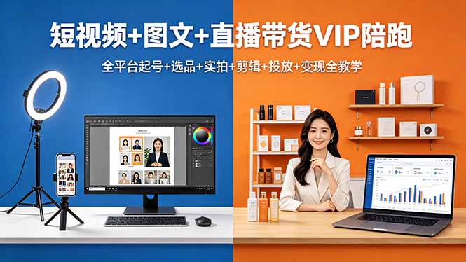 短视频+图文+直播带货VIP陪跑，全平台起号+选品+实拍+剪辑+投放+变现全教学-52网创