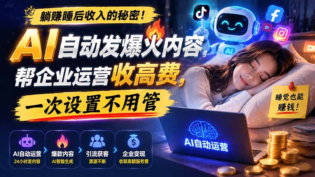 （19826期）躺赚睡后收入的秘密！AI 自动发爆火内容，帮企业运营收高费，一次设置不用管【原创双语字幕】 - 52网创-52网创
