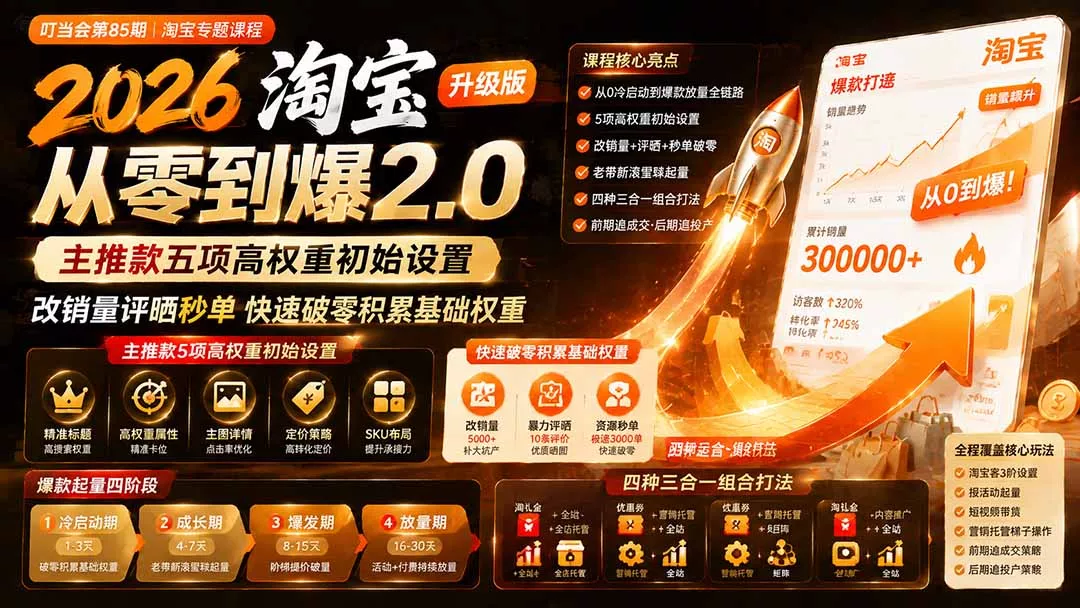 2026淘宝从零到爆2.0第85期；主推款五项高权重初始设置，改销量评晒秒单快速破零积累基础权重 - 52网创-52网创